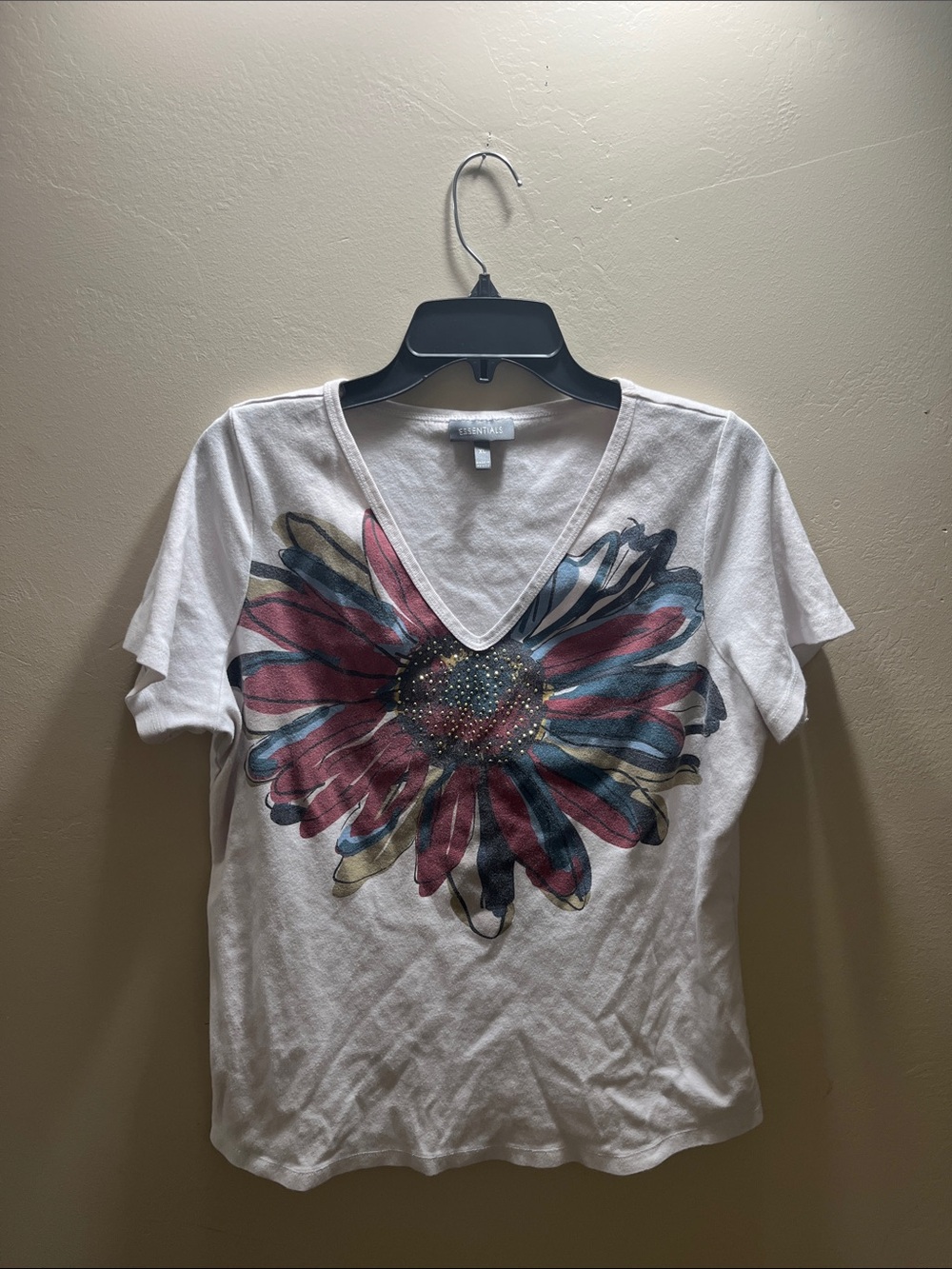 Essentials White V-Neck Tee with Multicolor Floral Burst